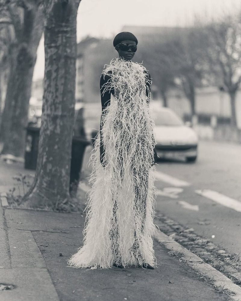 Black and white portrait of a person wearing a textured, feathered gown on a city sidewalk near trees and parked cars.