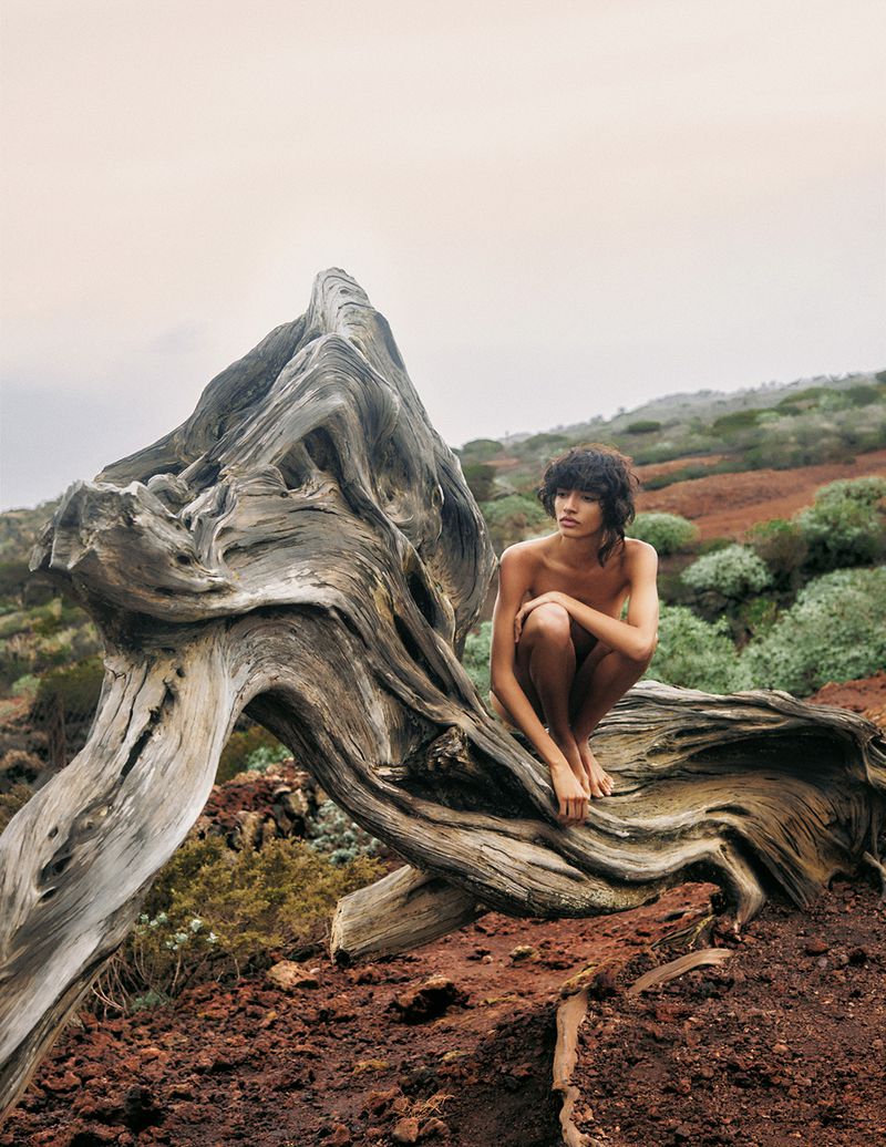 Woman crouching on a weathered tree trunk in a mountainous landscape. The background features green vegetation and cloudy skies.