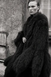 Model Astrid Østergaard wearing a heavy dark textured coat against an exterior wall for Muse Magazine issue 67.