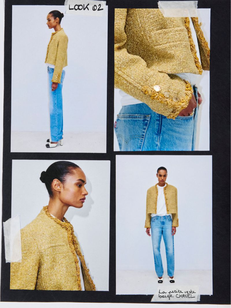 Fashion layout showcasing a young adult woman wearing a beige tweed jacket, a white t-shirt, and light blue denim jeans in a studio.