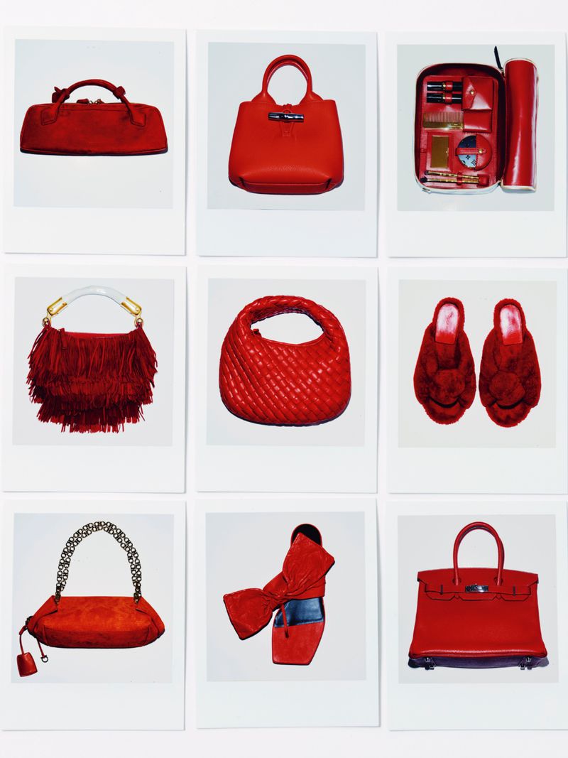 A collection of nine red handbags arranged in a grid on a white background, showcasing different styles and textures in a studio setting.
