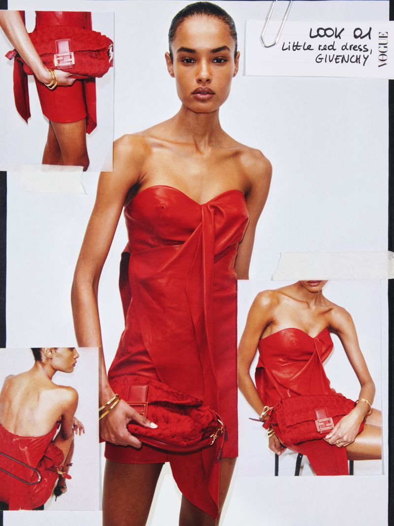 Fashion editorial photo featuring a Black female model wearing a red strapless dress with a handbag, styled in a collage-like composition.