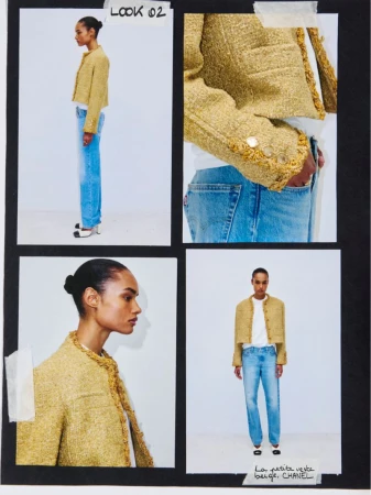 Contact sheet layout showing four fashion photography frames of a model wearing a textured beige tweed jacket and blue jeans.