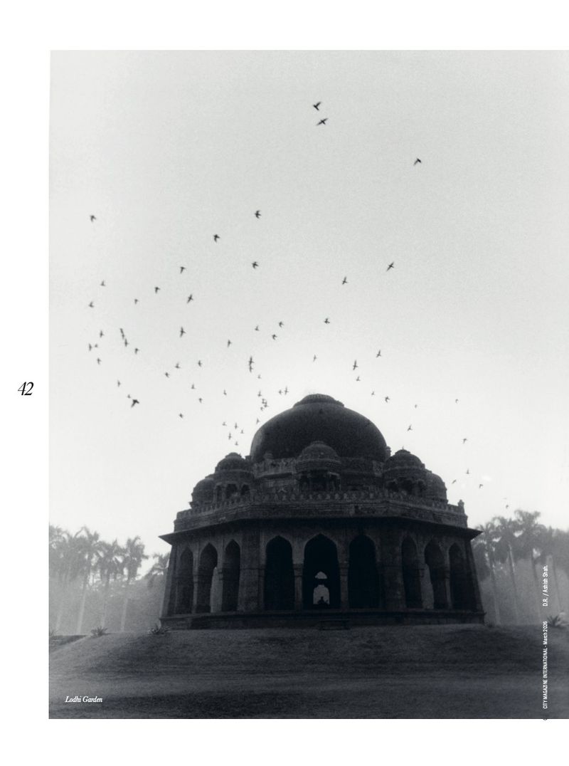 Monochrome photograph of Humayun's Tomb in Delhi, India, featuring the architectural dome, archways, birds flying above, and surrounding garden.