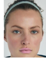 Close-up beauty portrait of Felice Nova Noordhoff wearing a light green headband and pink lipstick for Massimo Dutti.