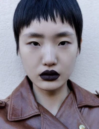 Close-up portrait of a woman with short dark hair and dark lipstick wearing a brown leather jacket against a textured wall.