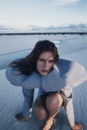 Model Rosalieke Fuchs crouches on sand dunes wearing a sculptural blue and white patterned garment for Harper's Bazaar U.S.