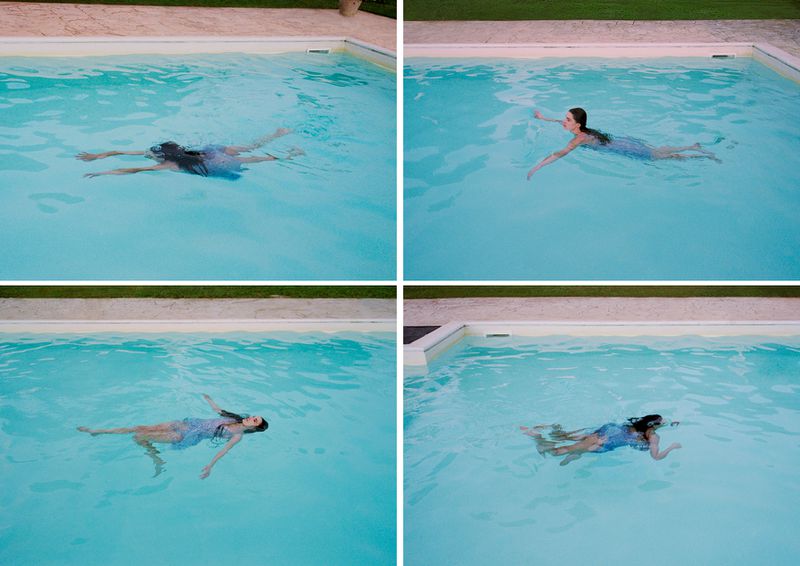 Woman in light blue dress swims laps in an outdoor pool captured in a four-panel grid showcasing different angles and positions.