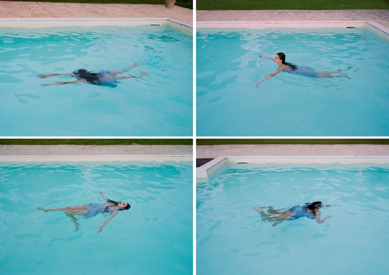 Woman in light blue dress swims laps in an outdoor pool captured in a four-panel grid showcasing different angles and positions.