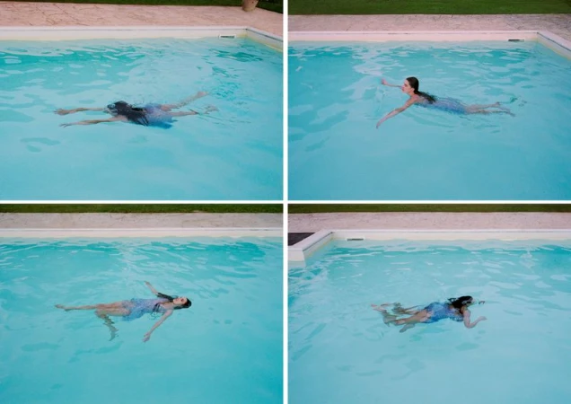 Woman in light blue dress swims laps in an outdoor pool captured in a four-panel grid showcasing different angles and positions.