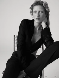 Model Vakare Steputyte seated on a chrome chair wearing black attire for Muse Magazine fashion editorial Sweet Dream
