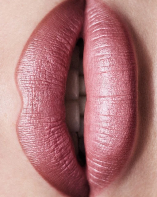 Close-up of woman's lips with mauve lipstick and visible teeth. Beauty shot emphasizing the texture and color of the makeup.