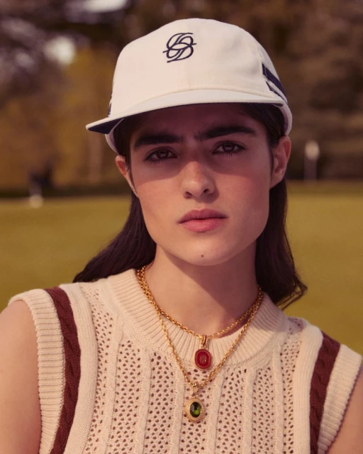 Close-up of a woman wearing a cap and vintage-inspired vest with two gold necklaces with red and green gemstones on a lawn.
