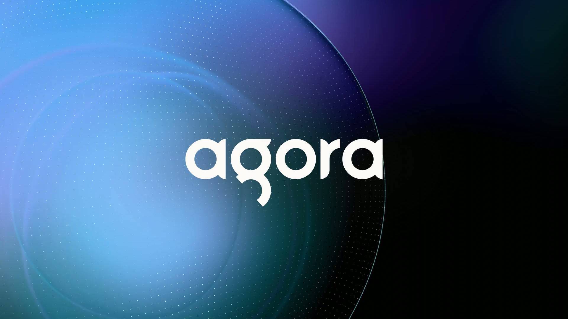 Abstract gradient background featuring the white 'agora' logo, ideal for technology or communication themes, with dynamic color transitions.