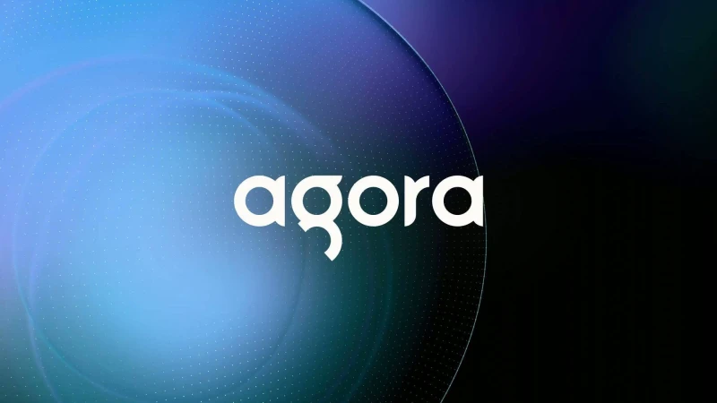 Abstract gradient background featuring the white 'agora' logo, ideal for technology or communication themes, with dynamic color transitions.