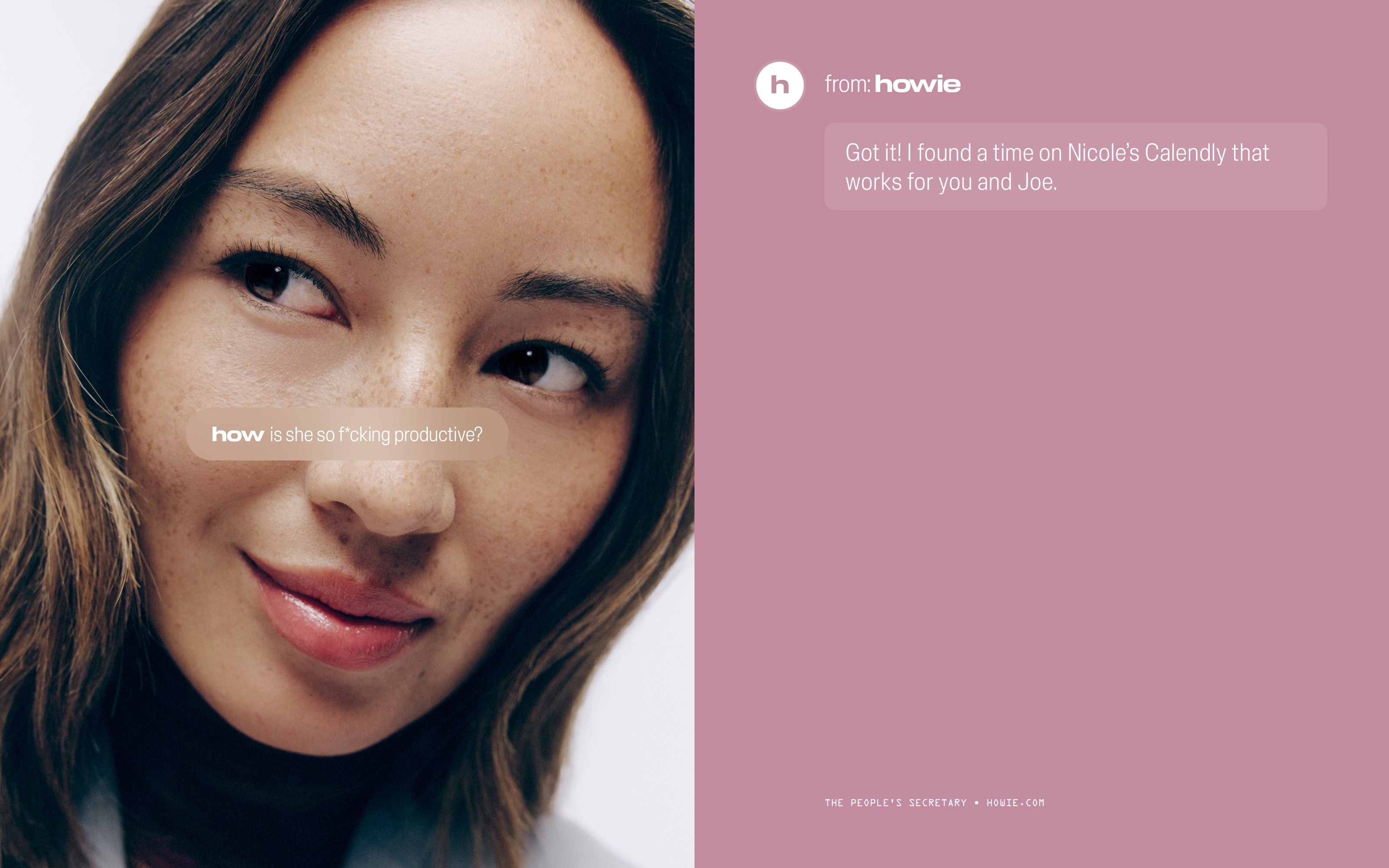 Close-up studio portrait of an Asian adult female looking left, with a message bubble in the image, on a mauve background.