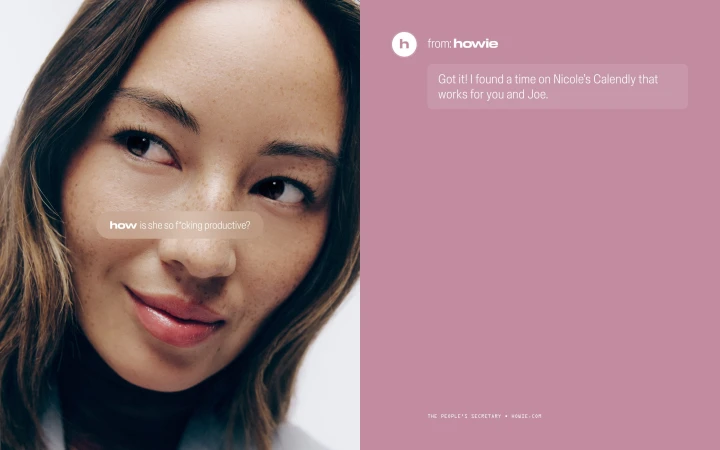 Close-up studio portrait of an Asian adult female looking left, with a message bubble in the image, on a mauve background.