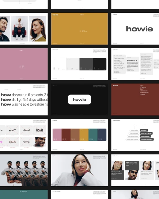 Collage of website design elements featuring text snippets, logo examples, and headshots of people on a white background.