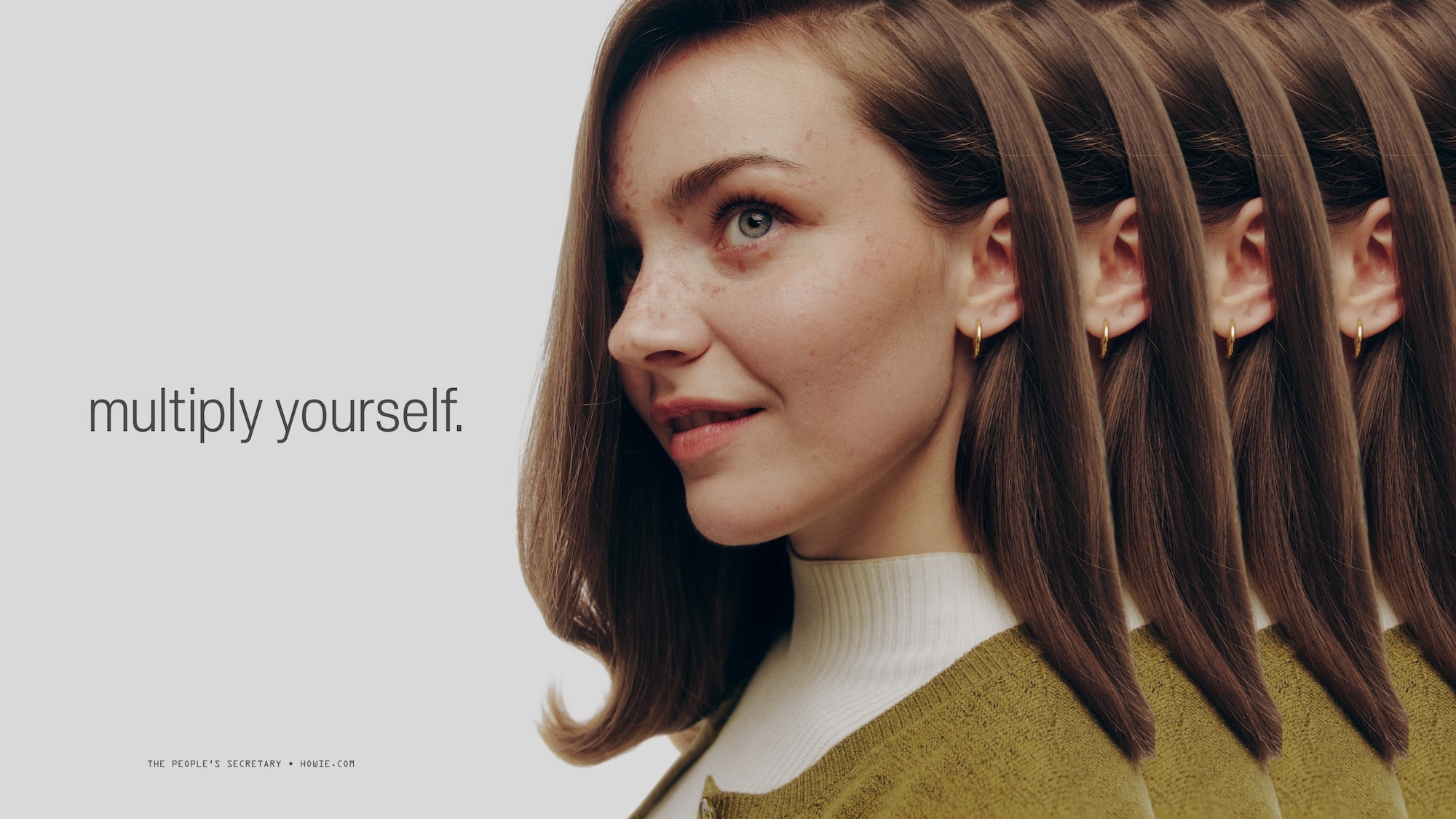 Woman with multiple exposures in a light studio. She has long brown hair, freckles, and wears a green cardigan over a white turtleneck.
