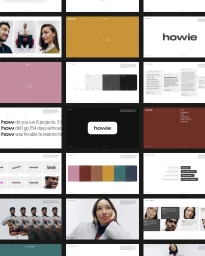 Brand identity guidelines presentation slides for Howie featuring typography color palettes and portrait photography