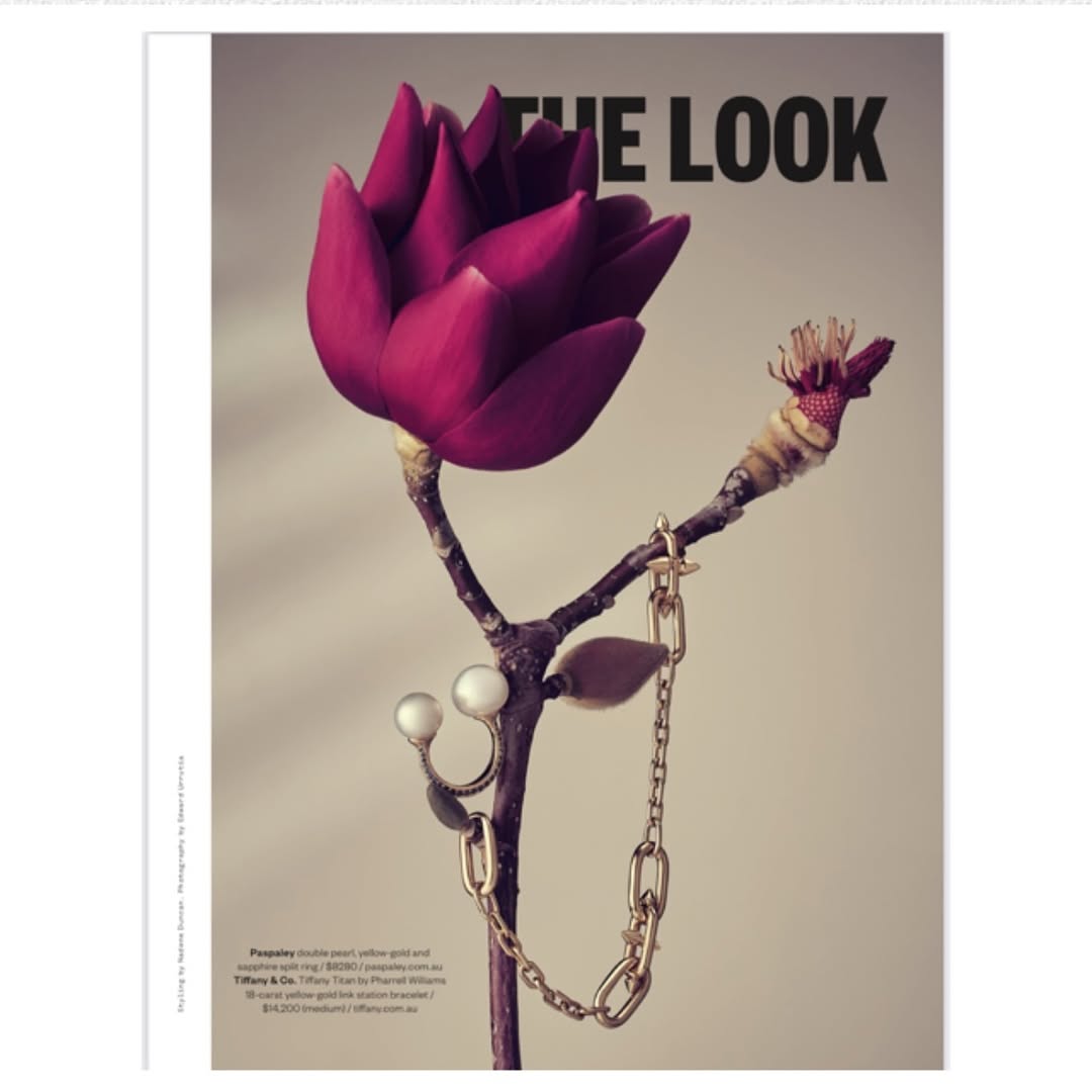Still life of a branch featuring a pink magnolia flower, a pearl ring, and a gold chain, set against a neutral backdrop.