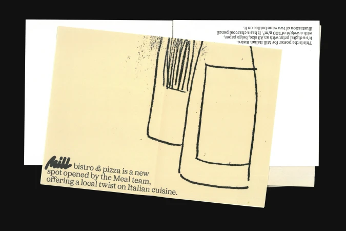 Poster art: Two wine bottles illustrated in charcoal style on beige paper for Mill Italian Bistro, promoting local Italian cuisine.