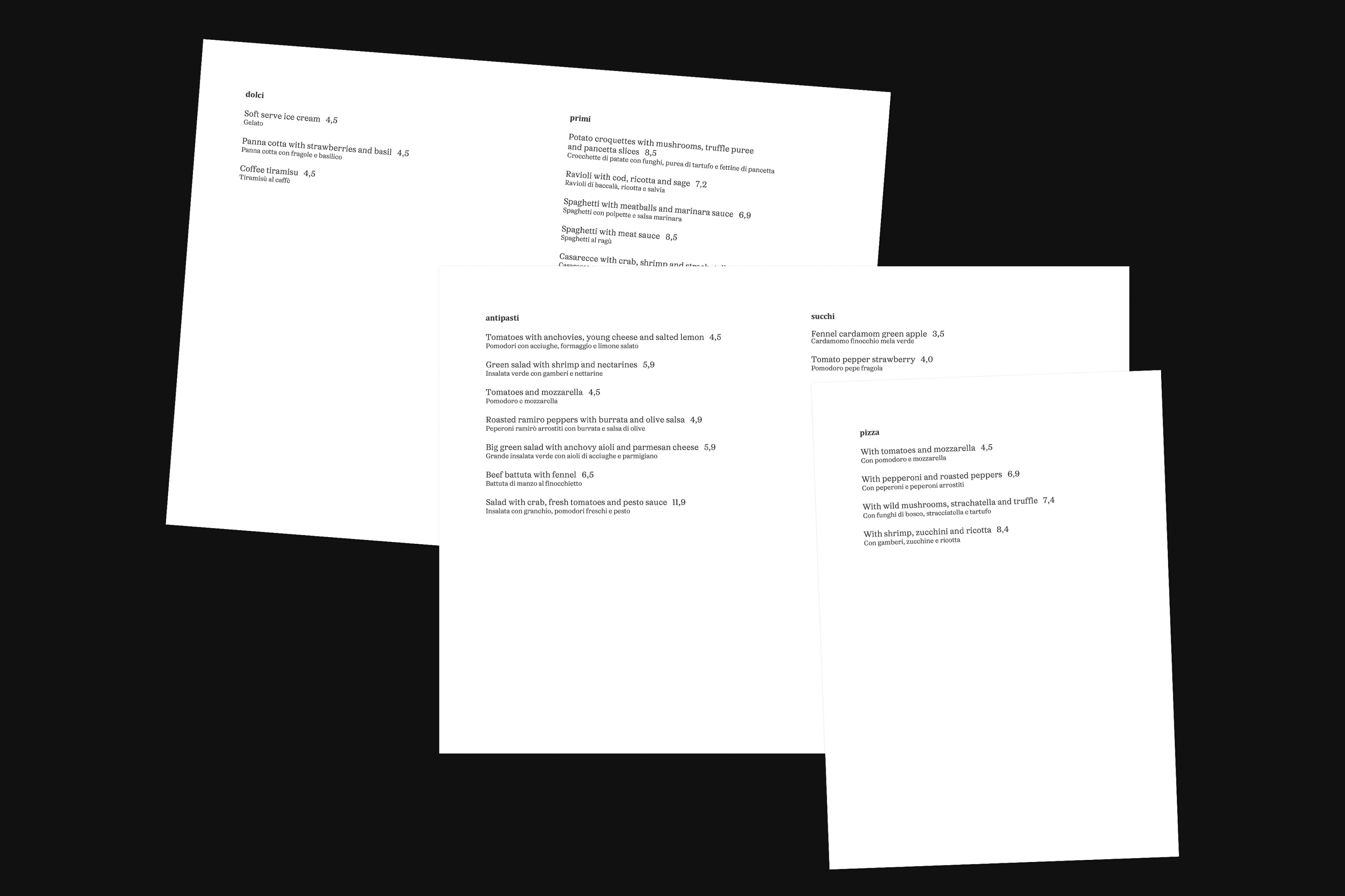 Close-up of three restaurant menus with lists of dishes, appetizers, and pizzas, arranged on a dark background for culinary reference.