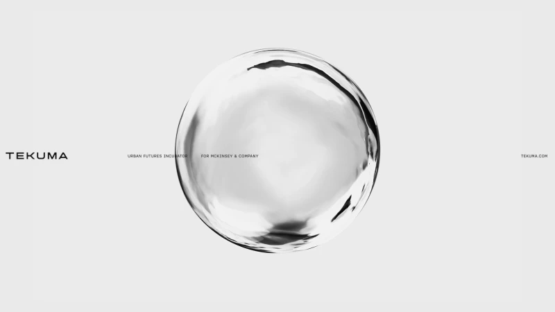 Abstract glassy sphere with liquid distortions, set against a neutral gradient background with Tekuma branding and website details.