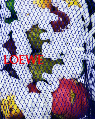 Close-up of colorful fruits like dragon fruit, pear and a green fruit encased in a blue net with white padding and the red text "LOEWE".