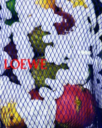 Assorted fresh fruit in a blue mesh produce bag layered with white foam and the Loewe logo