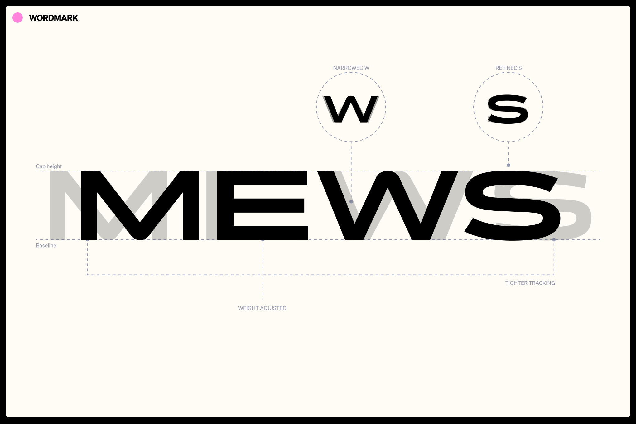 Wordmark design featuring the word MEWS in black, showcasing adjusted weight, tighter tracking, and refined letterforms against a white background.
