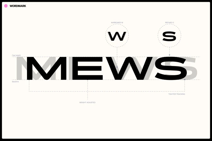 Wordmark design featuring the word MEWS in black, showcasing adjusted weight, tighter tracking, and refined letterforms against a white background.