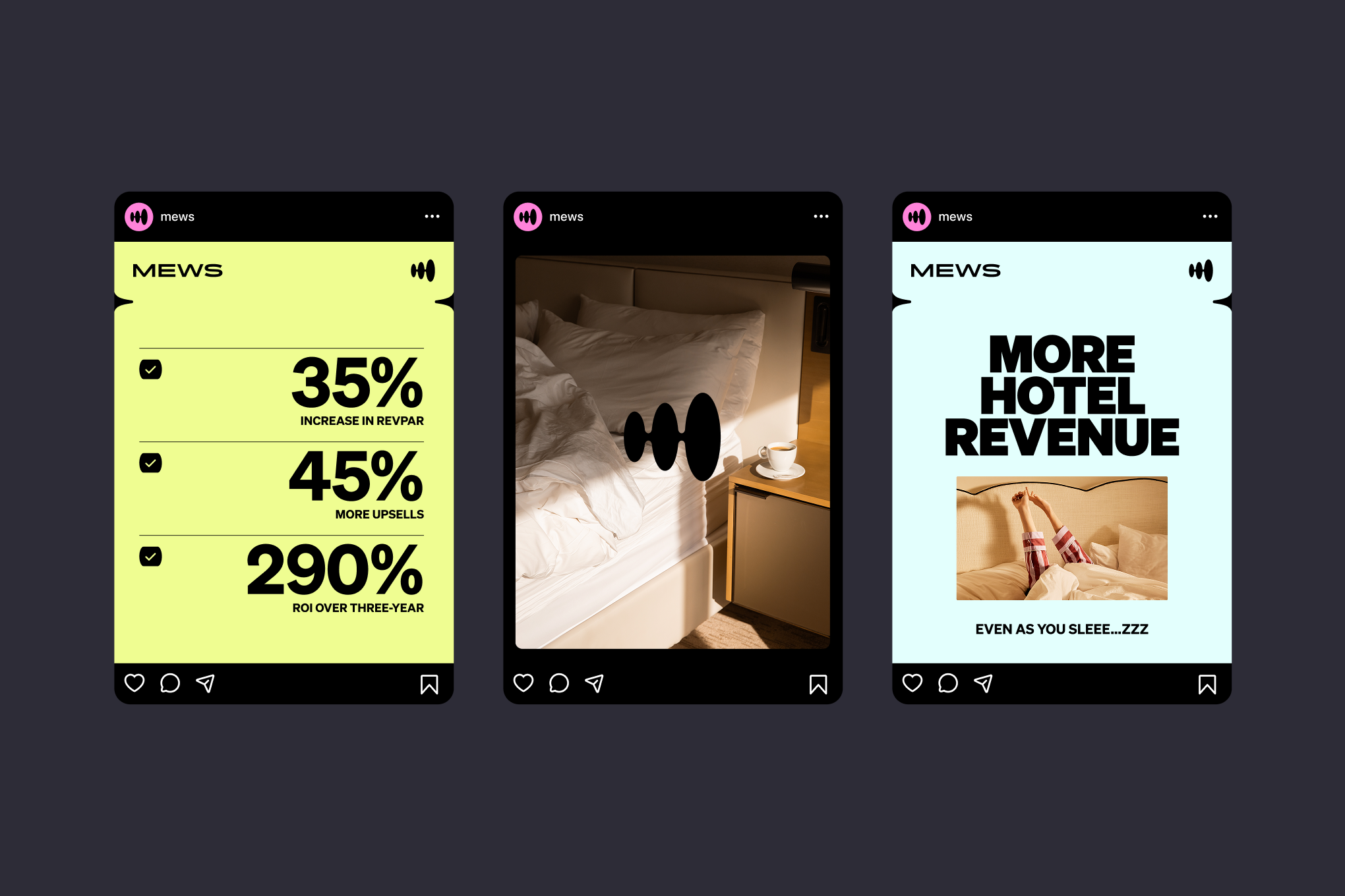 Digital advertisement for hotel revenue increase, featuring financial statistics and a hotel bedroom setting in a split-screen layout.