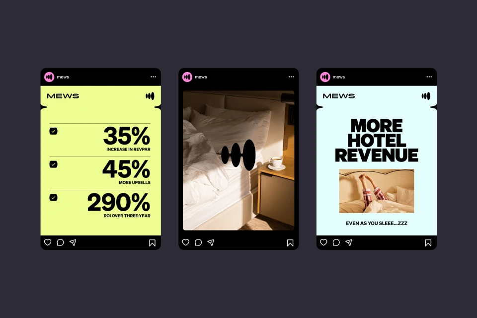 Digital advertisement for hotel revenue increase, featuring financial statistics and a hotel bedroom setting in a split-screen layout.