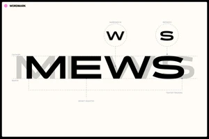 Mews brand identity wordmark typography guidelines showing letter adjustments and tracking on a light background
