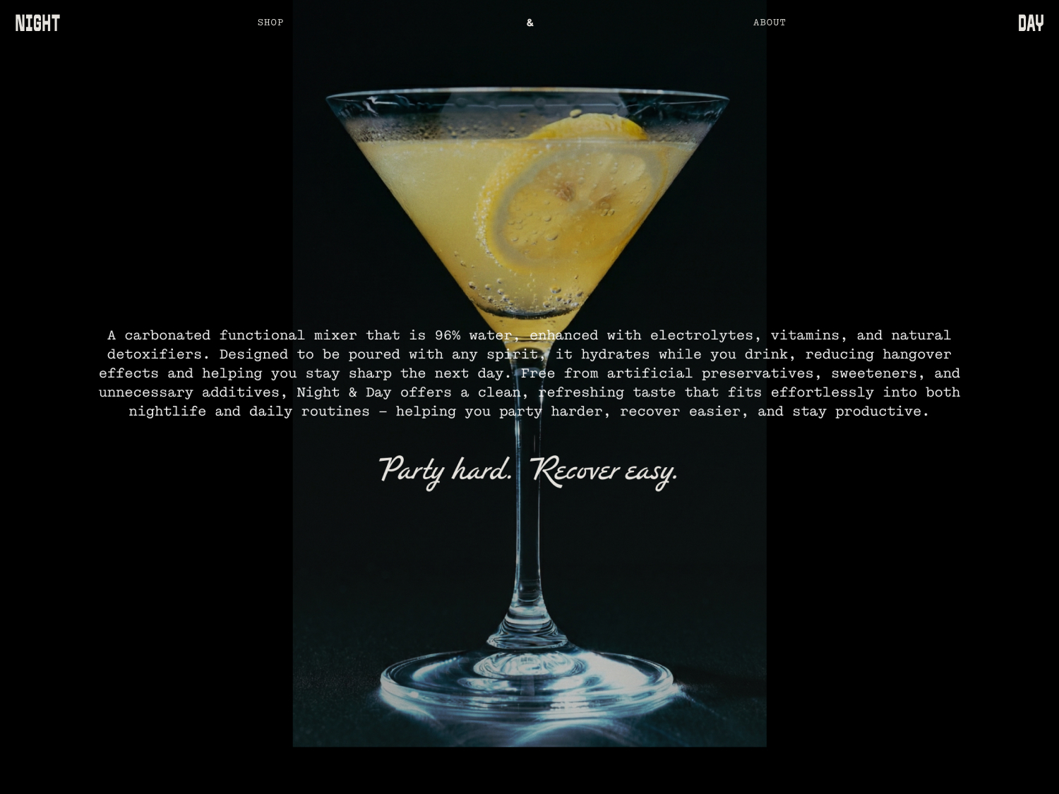A cocktail in a stemmed glass with a lemon twist on a dark background, advertising a carbonated functional mixer beverage.