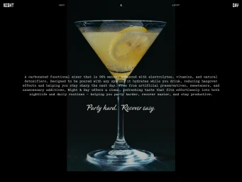 A martini glass filled with a yellow carbonated drink and a lemon slice against a dark background with brand copy.