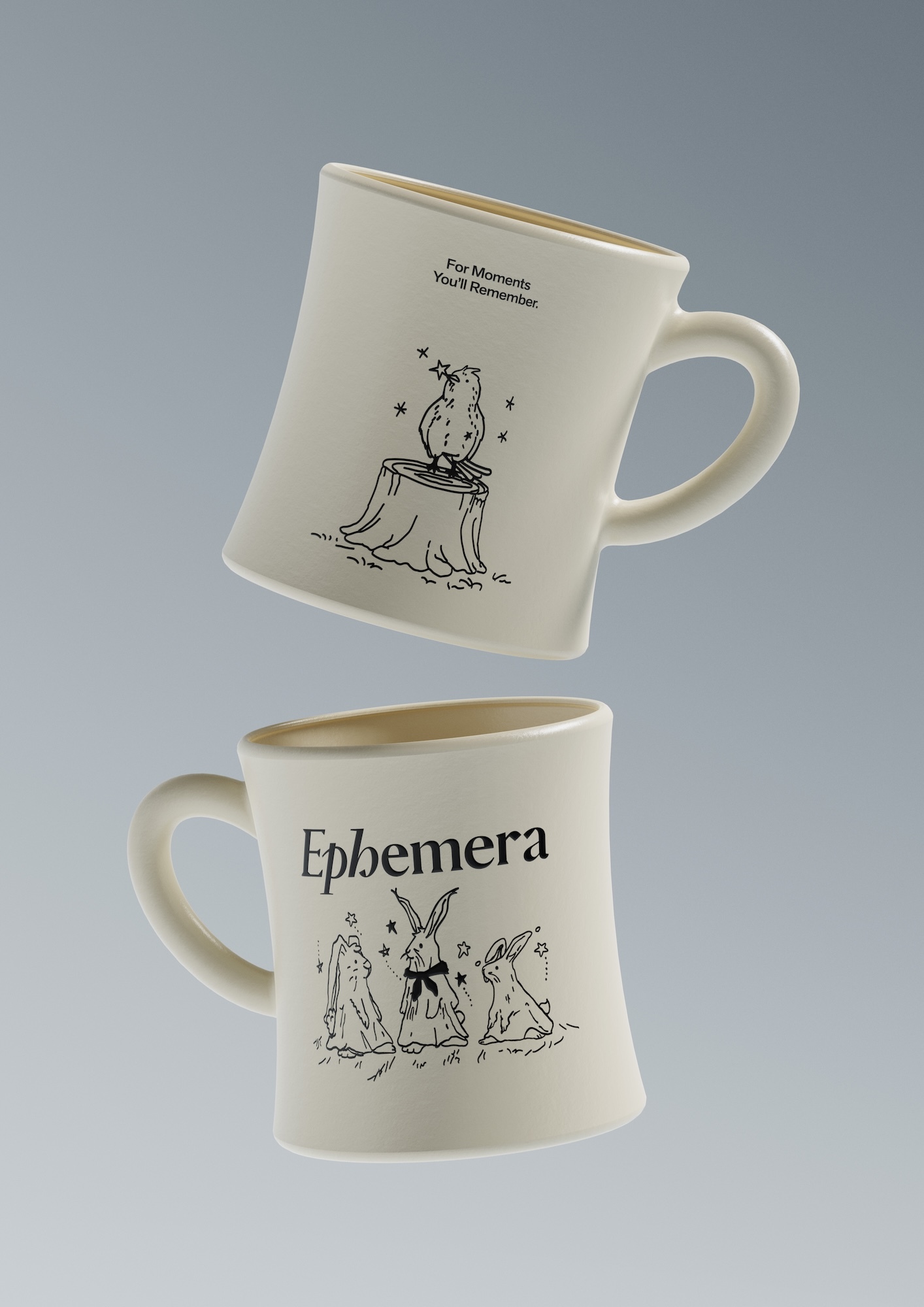 Two white ceramic coffee mugs with illustrated designs of an owl and rabbits float on a gray background in a product shot.