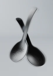 Two matte dark spoons crossed diagonally on a neutral grey seamless background, featuring engraved sun and fish illustrations.