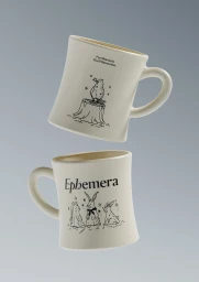 Two cream-colored ceramic mugs with illustrated black graphics floating against a smooth gradient gray background.