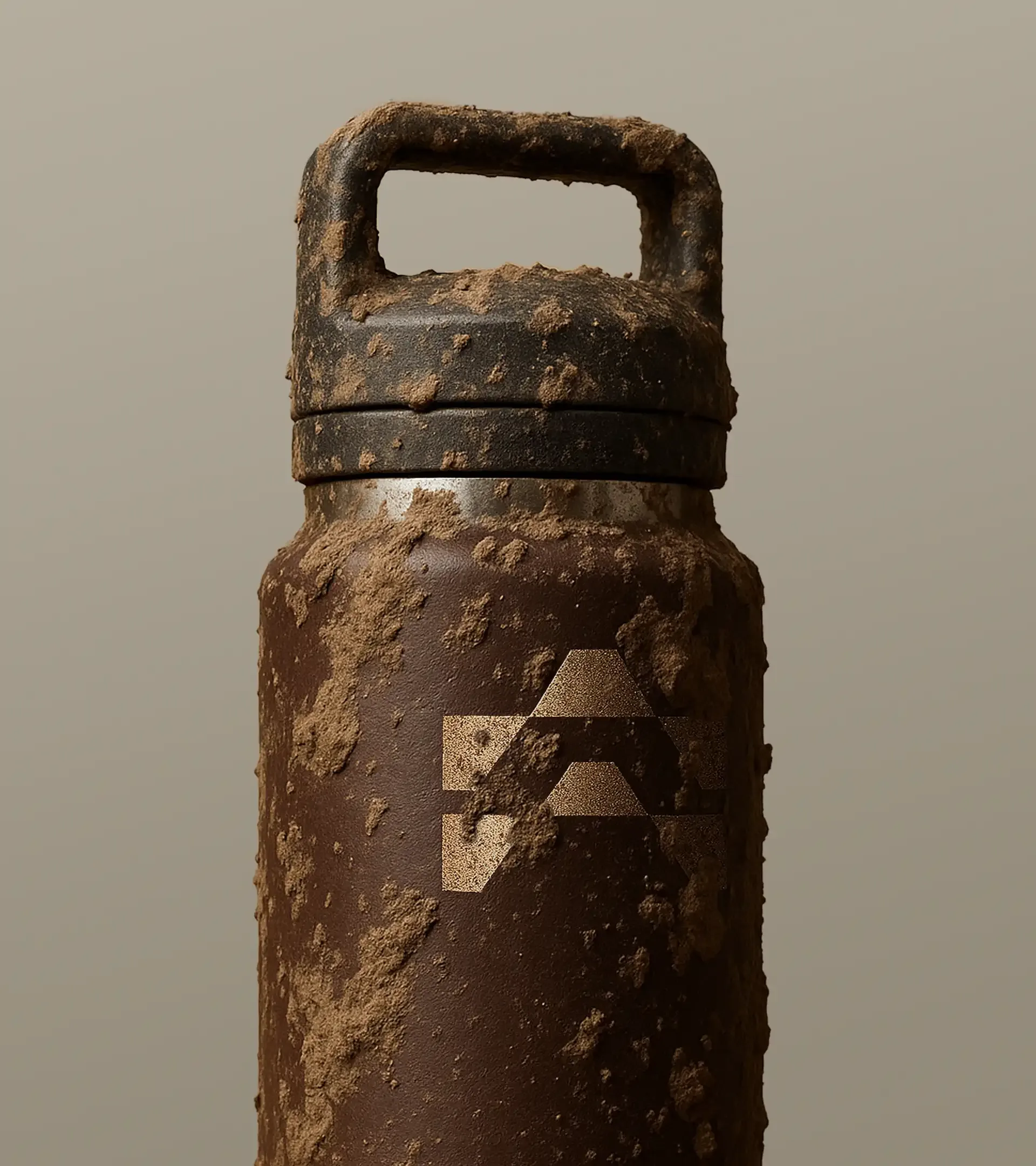 Close-up of a brown water bottle with a logo, covered in mud against a neutral background, showcasing outdoor and rugged use.