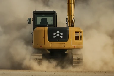 Yellow and black robotic excavator kicking up thick dust clouds on a construction site.