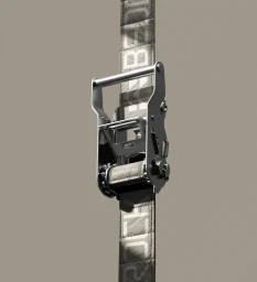 Close-up of a metallic ratchet buckle with branding on a grey woven strap against a neutral background.