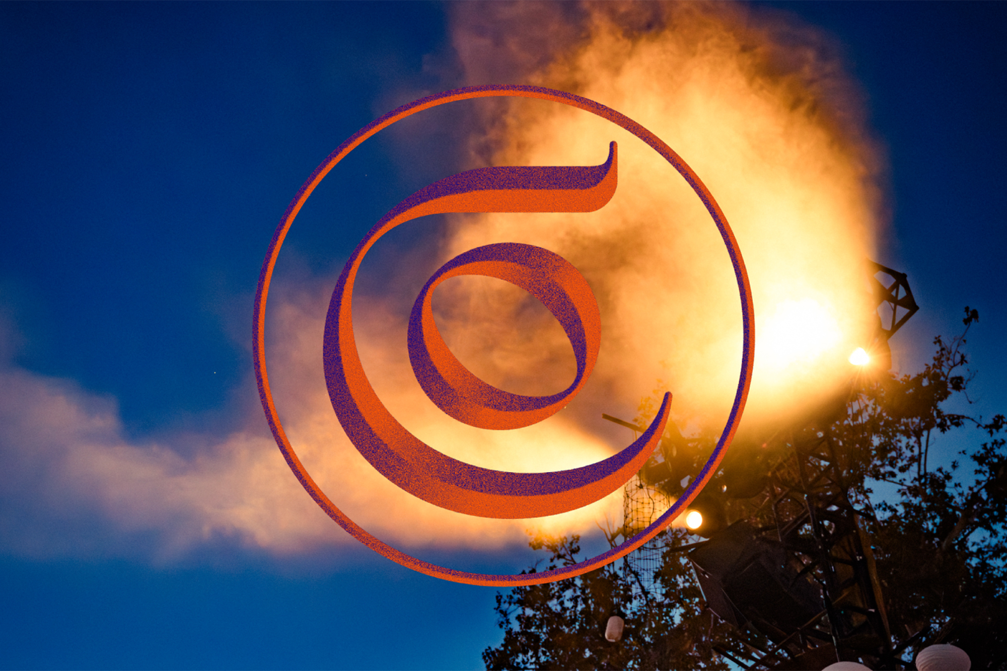 Abstract orange and purple logo against a night sky with bright stage lights and clouds, creating a dynamic visual.