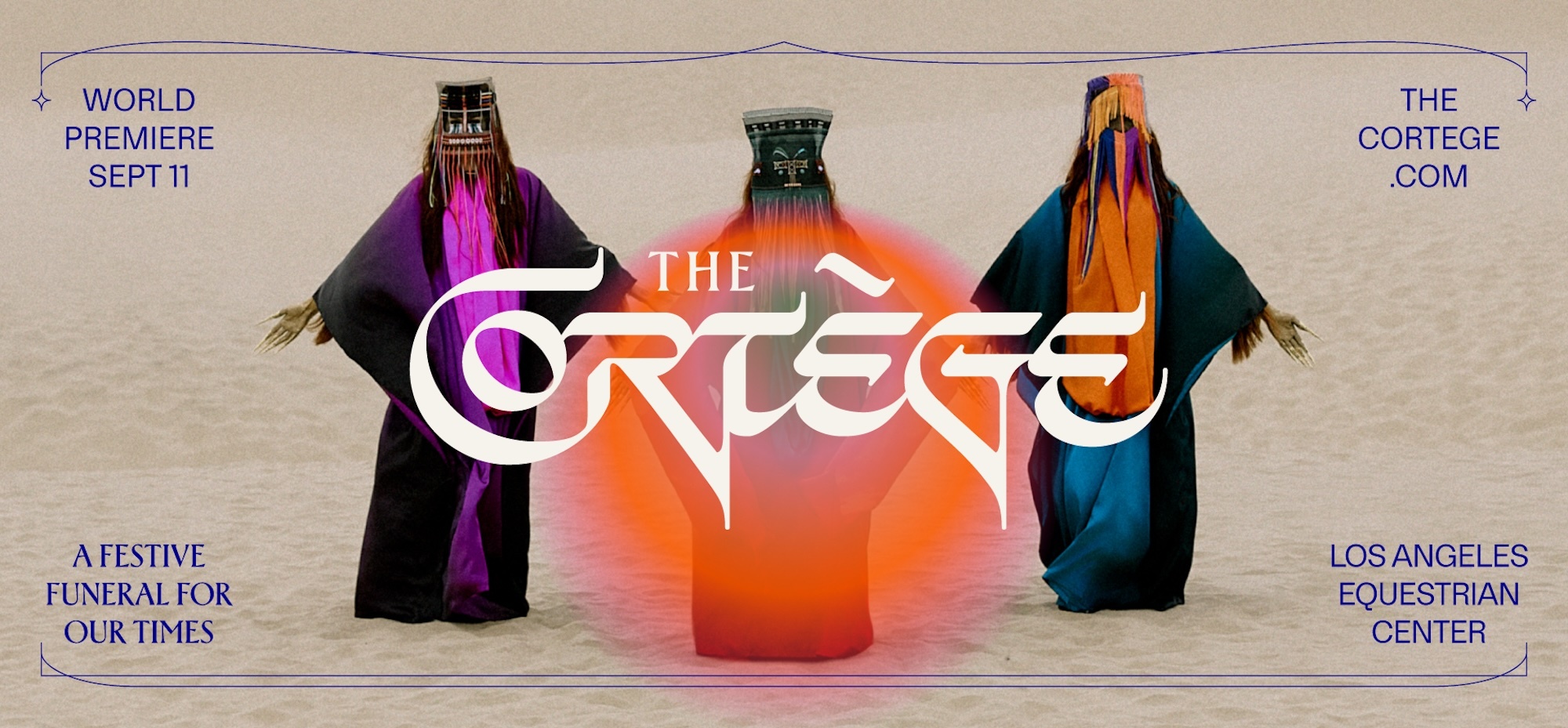 Promotional image for The Cortege featuring three figures in ornate headdresses and robes in desert setting. Show details, premiere date.
