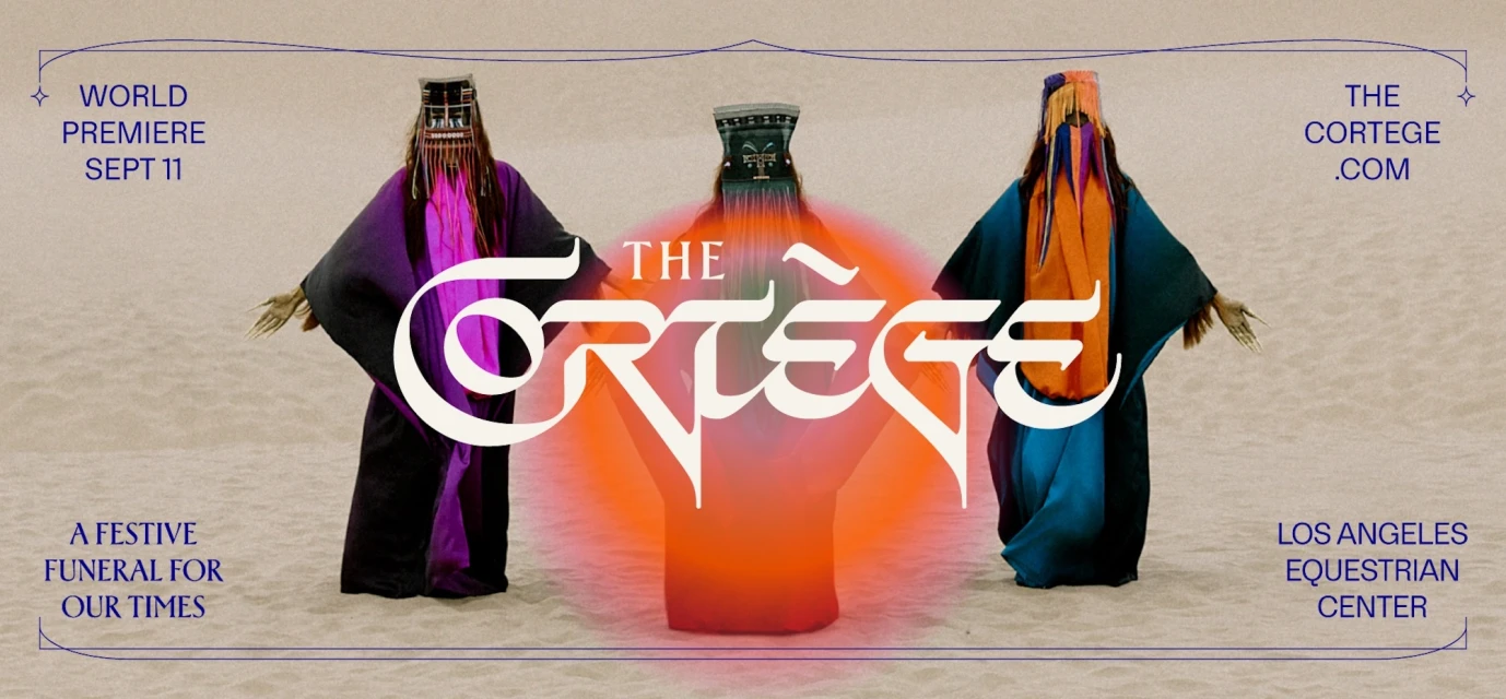 Promotional image for The Cortege featuring three figures in ornate headdresses and robes in desert setting. Show details, premiere date.