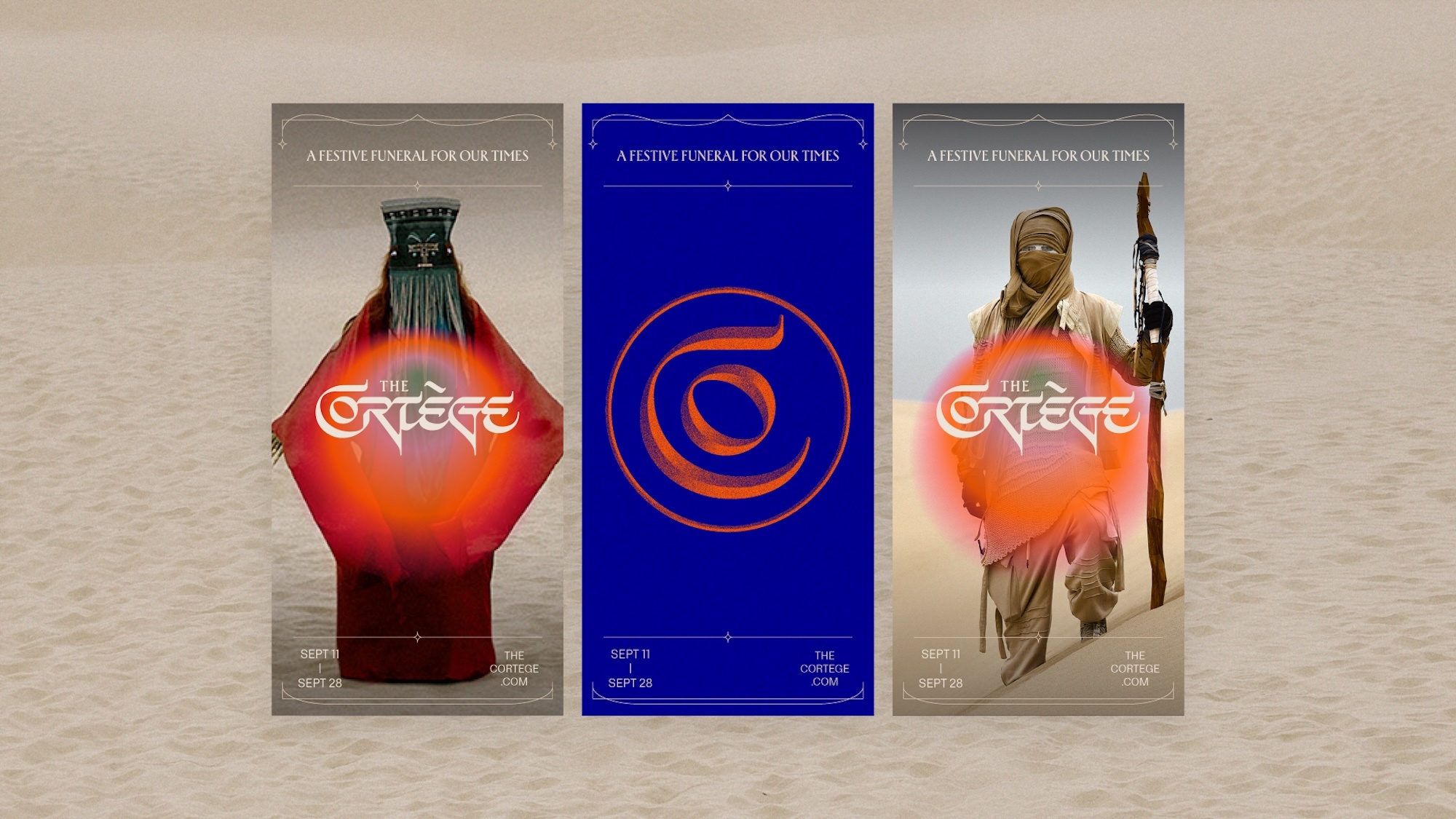 Three promotional posters on a desert background. Each poster has the words: A Festive Funeral For Our Times with The Cortege logo.