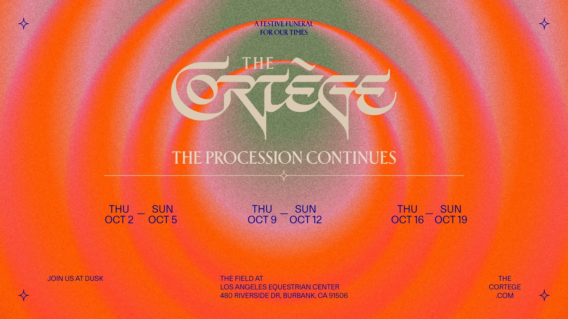 Event advertisement featuring stylized text 'The Cortege' with event dates and location set against an orange and green gradient background.