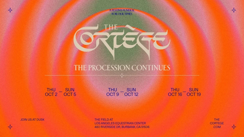 Event advertisement featuring stylized text 'The Cortege' with event dates and location set against an orange and green gradient background.