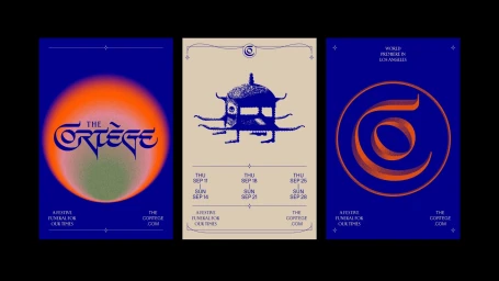 Three vertical posters for The Cortege featuring vibrant blue and orange gradient graphics and intricate blue illustrations on cream.